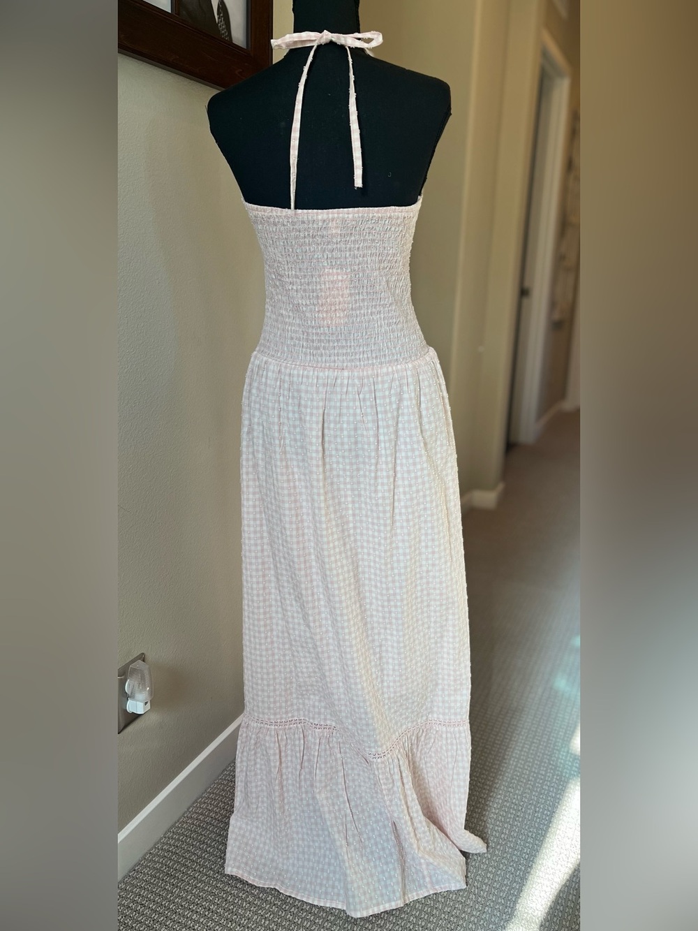 Swiss Dot Gingham Halter Maxi Dress Smocked Top Ruffle Tiered Skirt Cottagecore - Picture 2 of 10